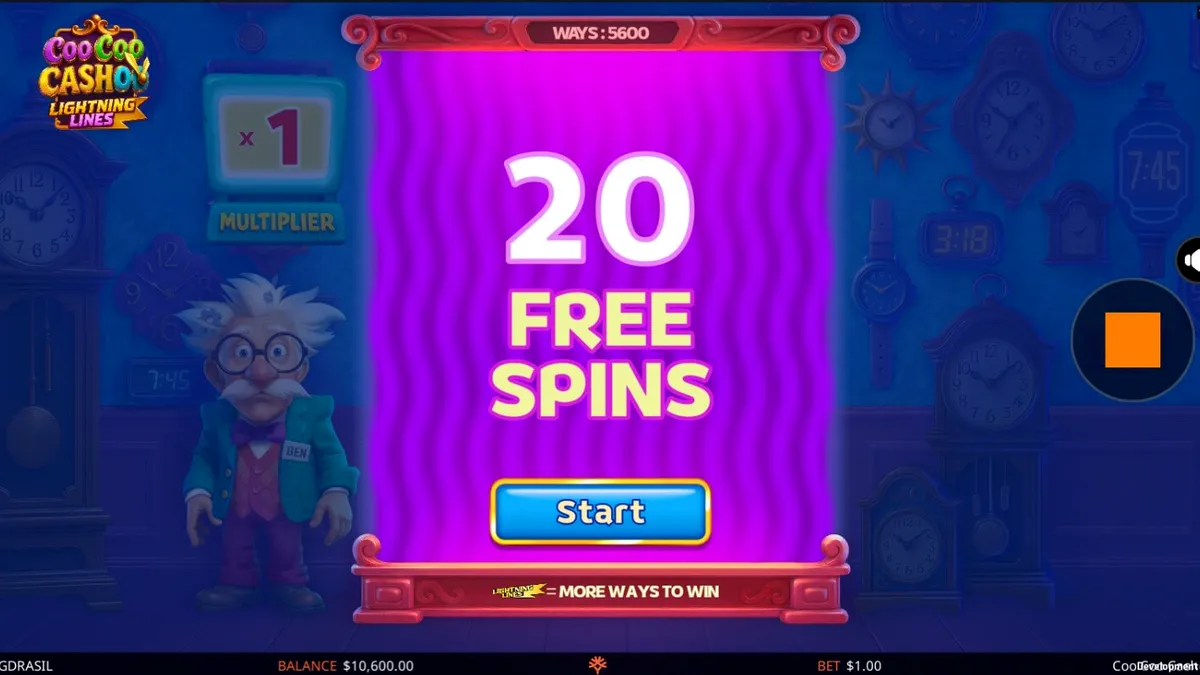 Tampilan visual slot Coo Coo Cashoo dengan latar belakang bengkel jam eksentrik