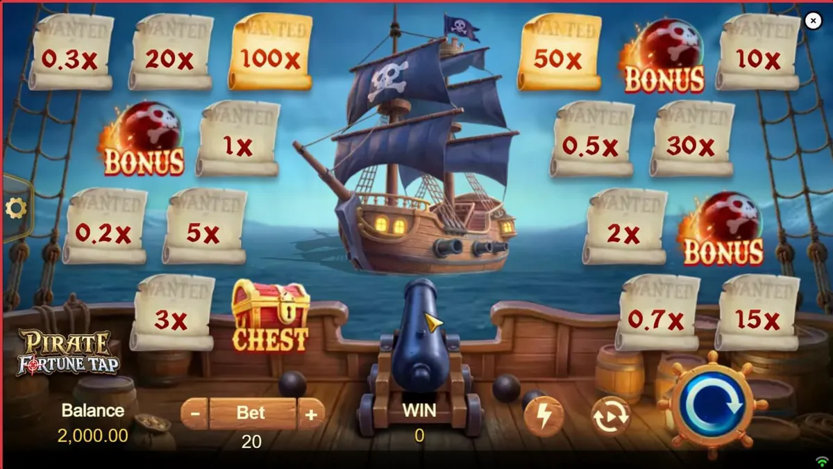 Tampilan layar permainan Pirate Fortune Tap dengan tema bajak laut yang penuh aksi